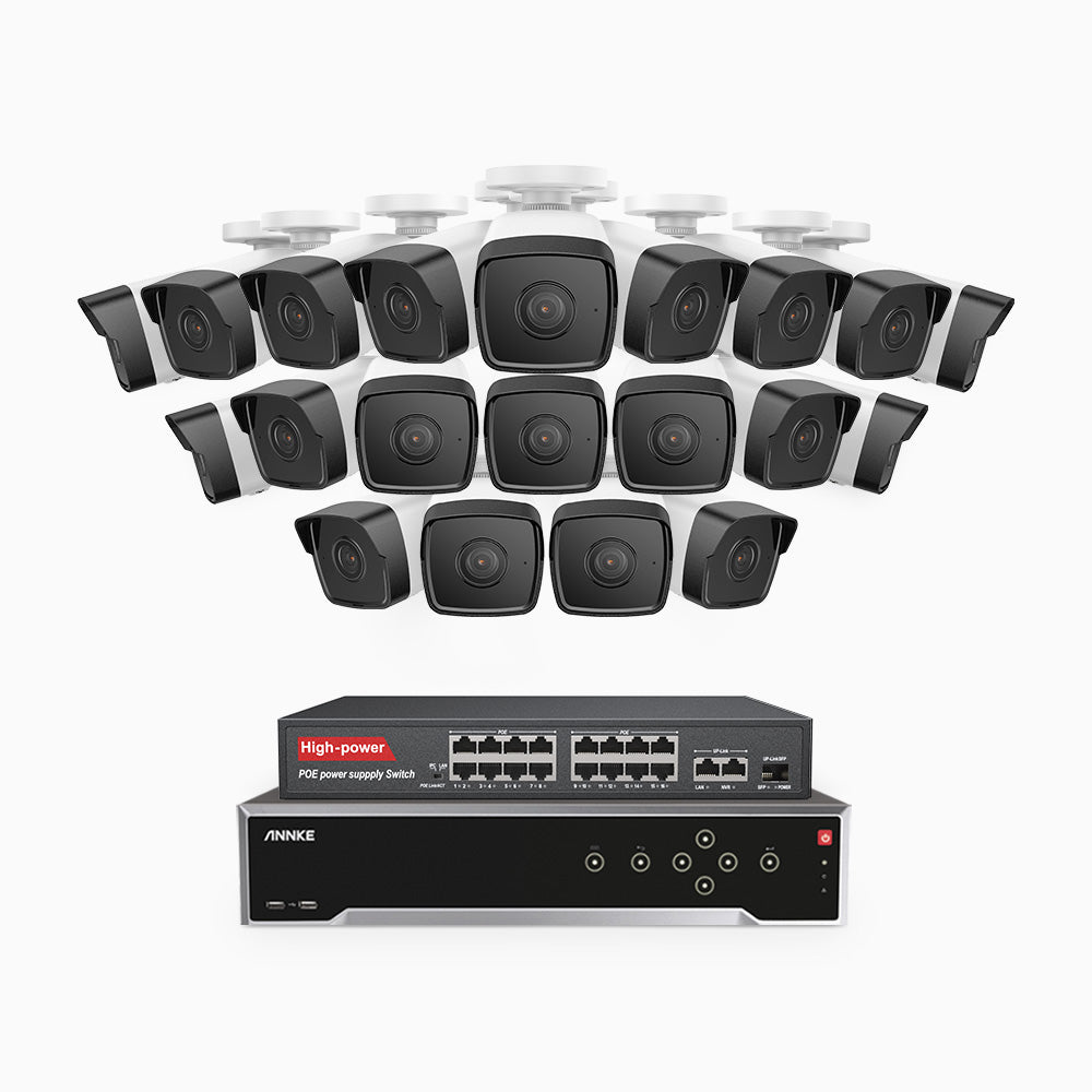 H500 - 3K 32 Kanal PoE Überwachungskamera-Set mit 20 Kameras, Eingebautes Mikrofon & SD-Kartensteckplatz, funktioniert mit Alexa, Inklusive 16-Port-PoE-Switch, EXIR Nachtsicht 2.0, IP67