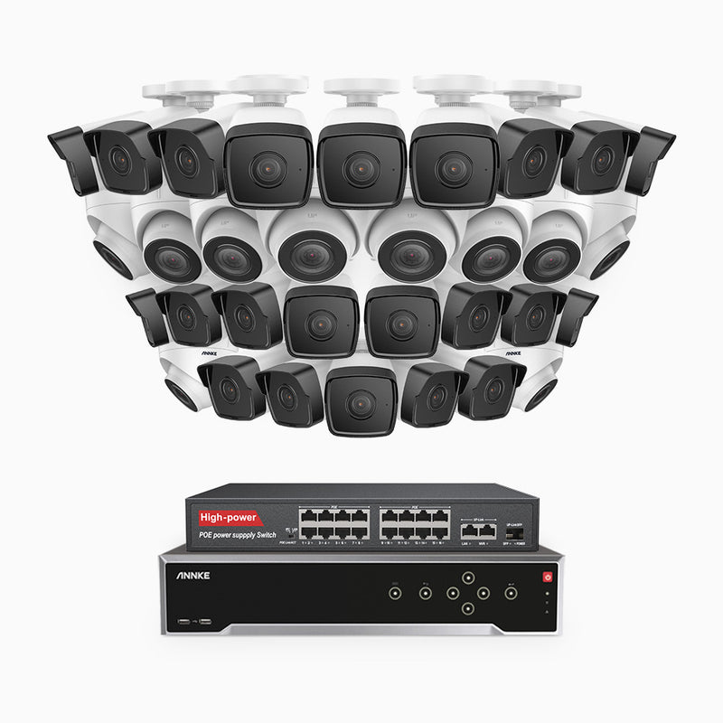 H500 - 5MP 32 Kanal PoE Überwachungskamera-Set mit 22 Bullet Kameras & 10 Turm Kameras, Eingebautes Mikrofon & SD-Kartensteckplatz, funktioniert mit Alexa, Inklusive 16-Port-PoE-Switch, EXIR Nachtsicht 2.0, IP67
