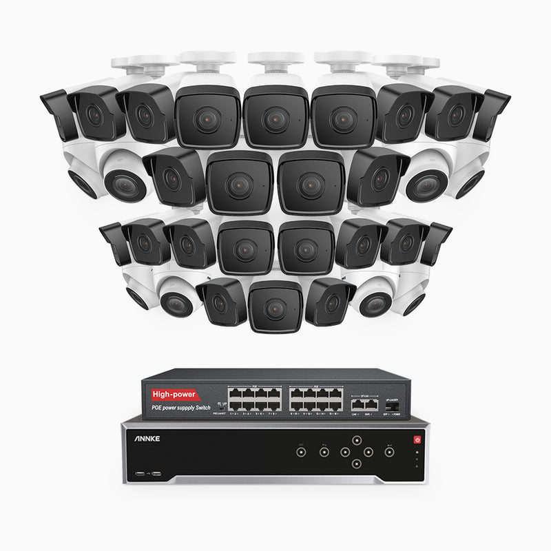 H500 - 5MP 32 Kanal PoE Überwachungskamera-Set mit 24 Bullet Kameras & 8 Turm Kameras, Eingebautes Mikrofon & SD-Kartensteckplatz, funktioniert mit Alexa, Inklusive 16-Port-PoE-Switch, EXIR Nachtsicht 2.0, IP67
