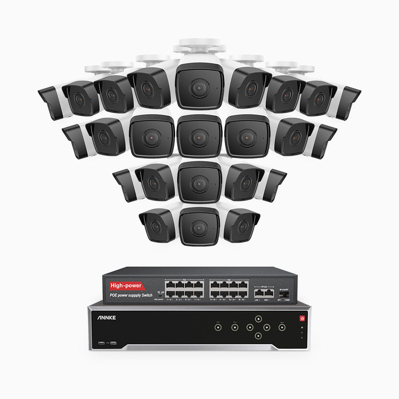 H500 - 5MP 32 Kanal PoE Überwachungskamera-Set mit 24 Kameras, Eingebautes Mikrofon & SD-Kartensteckplatz, funktioniert mit Alexa, Inklusive 16-Port-PoE-Switch, EXIR Nachtsicht 2.0, IP67