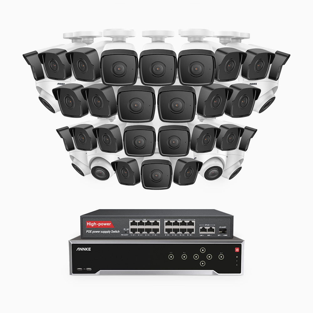 H500 - 3K 32 Kanal PoE Überwachungskamera-Set mit 26 Bullet Kameras & 6 Turm Kameras, Eingebautes Mikrofon & SD-Kartensteckplatz, funktioniert mit Alexa, Inklusive 16-Port-PoE-Switch, EXIR Nachtsicht 2.0, IP67