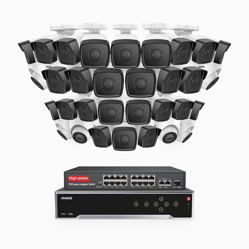 H500 - 5MP 32 Kanal PoE Überwachungskamera-Set mit 26 Bullet Kameras & 6 Turm Kameras, Eingebautes Mikrofon & SD-Kartensteckplatz, funktioniert mit Alexa, Inklusive 16-Port-PoE-Switch, EXIR Nachtsicht 2.0, IP67