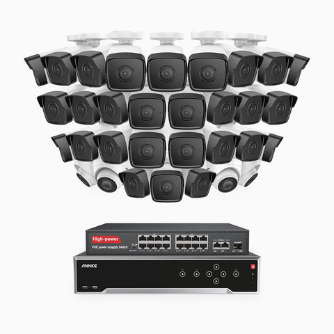 H500 - 5MP 32 Kanal PoE Überwachungskamera-Set mit 28 Bullet Kameras & 4 Turm Kameras, Eingebautes Mikrofon & SD-Kartensteckplatz, funktioniert mit Alexa, Inklusive 16-Port-PoE-Switch, EXIR Nachtsicht 2.0, IP67