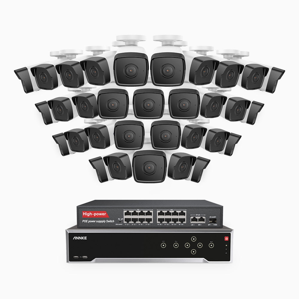 H500 - 3K 32 Kanal PoE Überwachungskamera-Set mit 32 Kameras, Eingebautes Mikrofon & SD-Kartensteckplatz, funktioniert mit Alexa, Inklusive 16-Port-PoE-Switch, EXIR Nachtsicht 2.0, IP67