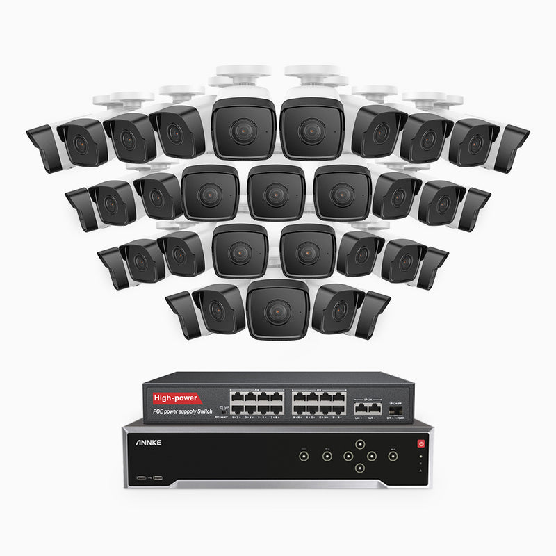 H500 - 5MP 32 Kanal PoE Überwachungskamera-Set mit 32 Kameras, Eingebautes Mikrofon & SD-Kartensteckplatz, funktioniert mit Alexa, Inklusive 16-Port-PoE-Switch, EXIR Nachtsicht 2.0, IP67