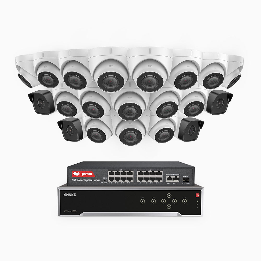 H500 - 3K 32 Kanal PoE Überwachungskamera-Set mit 4 Bullet Kameras & 16 Turm Kameras, Eingebautes Mikrofon & SD-Kartensteckplatz, funktioniert mit Alexa, Inklusive 16-Port-PoE-Switch, EXIR Nachtsicht 2.0, IP67