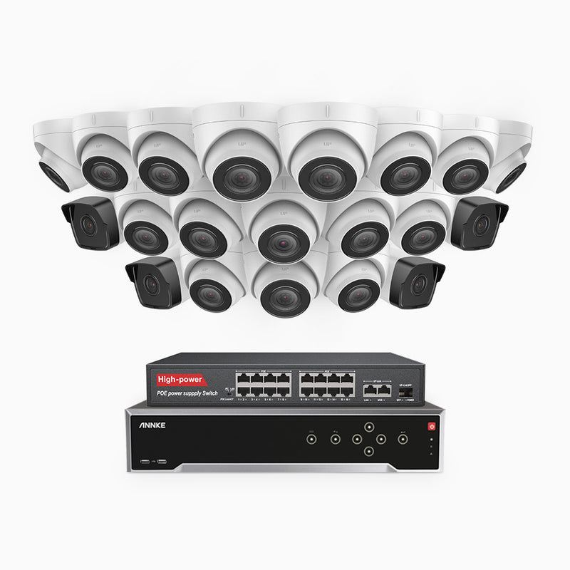 H500 - 5MP 32 Kanal PoE Überwachungskamera-Set mit 4 Bullet Kameras & 16 Turm Kameras, Eingebautes Mikrofon & SD-Kartensteckplatz, funktioniert mit Alexa, Inklusive 16-Port-PoE-Switch, EXIR Nachtsicht 2.0, IP67