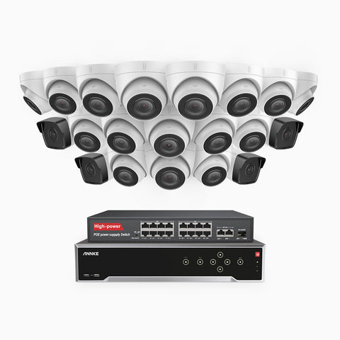 H500 - 5MP 32 Kanal PoE Überwachungskamera-Set mit 4 Bullet Kameras & 16 Turm Kameras, Eingebautes Mikrofon & SD-Kartensteckplatz, funktioniert mit Alexa, Inklusive 16-Port-PoE-Switch, EXIR Nachtsicht 2.0, IP67