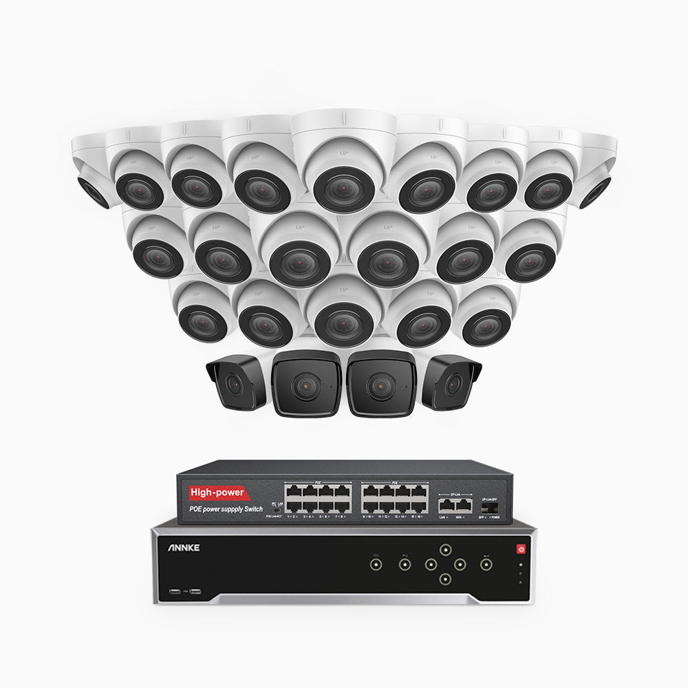 H500 - 3K 32 Kanal PoE Überwachungskamera-Set mit 4 Bullet Kameras & 20 Turm Kameras, Eingebautes Mikrofon & SD-Kartensteckplatz, funktioniert mit Alexa, Inklusive 16-Port-PoE-Switch, EXIR Nachtsicht 2.0, IP67