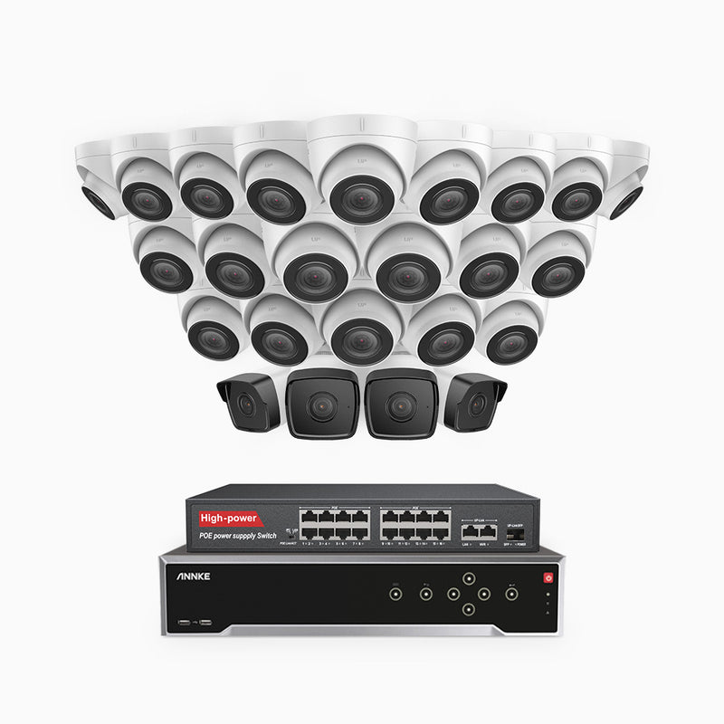 H500 - 5MP 32 Kanal PoE Überwachungskamera-Set mit 4 Bullet Kameras & 20 Turm Kameras, Eingebautes Mikrofon & SD-Kartensteckplatz, funktioniert mit Alexa, Inklusive 16-Port-PoE-Switch, EXIR Nachtsicht 2.0, IP67