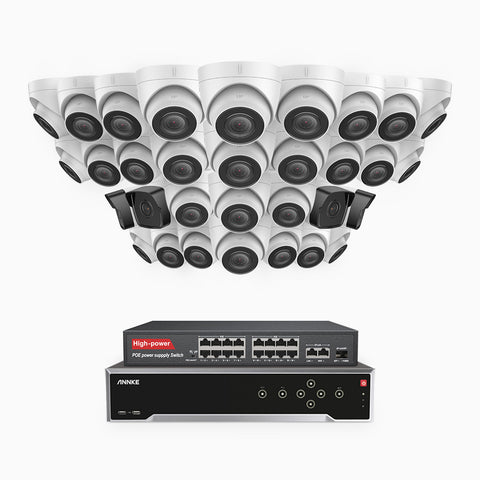 H500 - 5MP 32 Kanal PoE Überwachungskamera-Set mit 4 Bullet Kameras & 28 Turm Kameras, Eingebautes Mikrofon & SD-Kartensteckplatz, funktioniert mit Alexa, Inklusive 16-Port-PoE-Switch, EXIR Nachtsicht 2.0, IP67