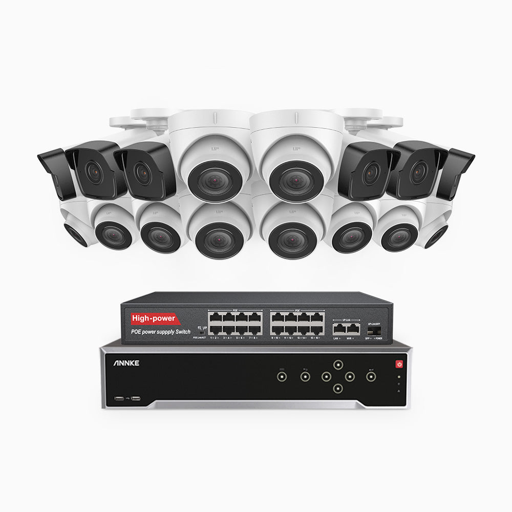 H500 - 3K 32 Kanal PoE Überwachungskamera-Set mit 6 Bullet Kameras & 10 Turm Kameras, Eingebautes Mikrofon & SD-Kartensteckplatz, funktioniert mit Alexa, Inklusive 16-Port-PoE-Switch, EXIR Nachtsicht 2.0, IP67