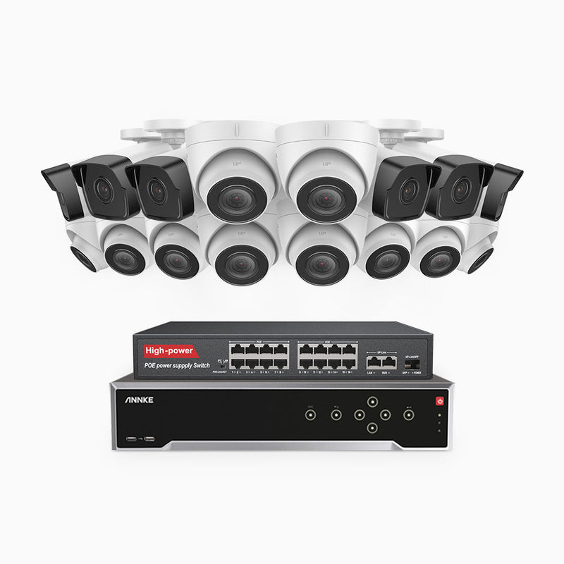 H500 - 5MP 32 Kanal PoE Überwachungskamera-Set mit 6 Bullet Kameras & 10 Turm Kameras, Eingebautes Mikrofon & SD-Kartensteckplatz, funktioniert mit Alexa, Inklusive 16-Port-PoE-Switch, EXIR Nachtsicht 2.0, IP67