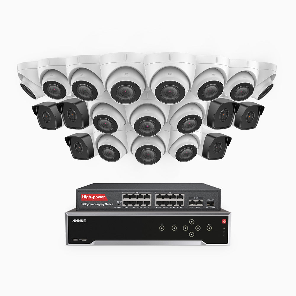 H500 - 3K 32 Kanal PoE Überwachungskamera-Set mit 6 Bullet Kameras & 14 Turm Kameras, Eingebautes Mikrofon & SD-Kartensteckplatz, funktioniert mit Alexa, Inklusive 16-Port-PoE-Switch, EXIR Nachtsicht 2.0, IP67