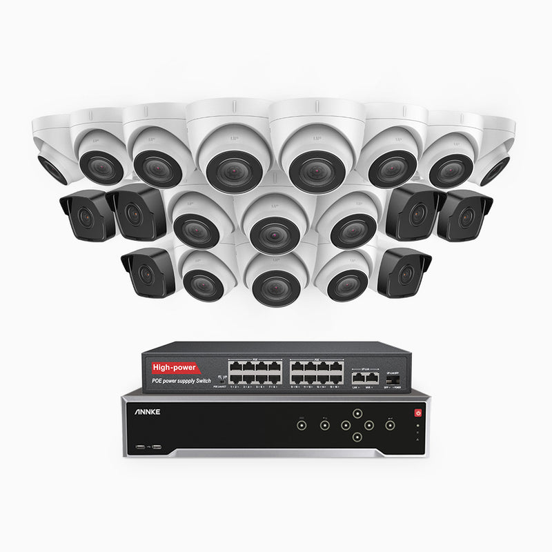 H500 - 5MP 32 Kanal PoE Überwachungskamera-Set mit 6 Bullet Kameras & 14 Turm Kameras, Eingebautes Mikrofon & SD-Kartensteckplatz, funktioniert mit Alexa, Inklusive 16-Port-PoE-Switch, EXIR Nachtsicht 2.0, IP67
