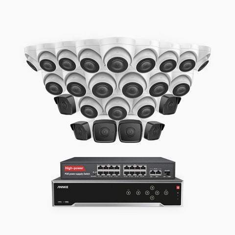 H500 - 5MP 32 Kanal PoE Überwachungskamera-Set mit 6 Bullet Kameras & 18 Turm Kameras, Eingebautes Mikrofon & SD-Kartensteckplatz, funktioniert mit Alexa, Inklusive 16-Port-PoE-Switch, EXIR Nachtsicht 2.0, IP67