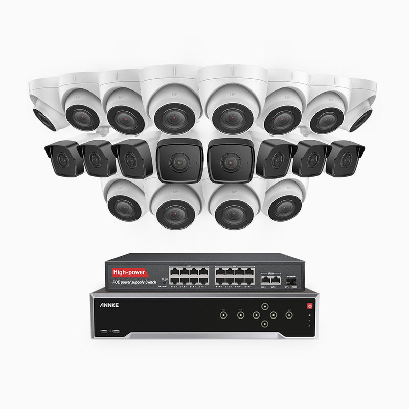H500 - 5MP 32 Kanal PoE Überwachungskamera-Set mit 8 Bullet Kameras & 12 Turm Kameras, Eingebautes Mikrofon & SD-Kartensteckplatz, funktioniert mit Alexa, Inklusive 16-Port-PoE-Switch, EXIR Nachtsicht 2.0, IP67