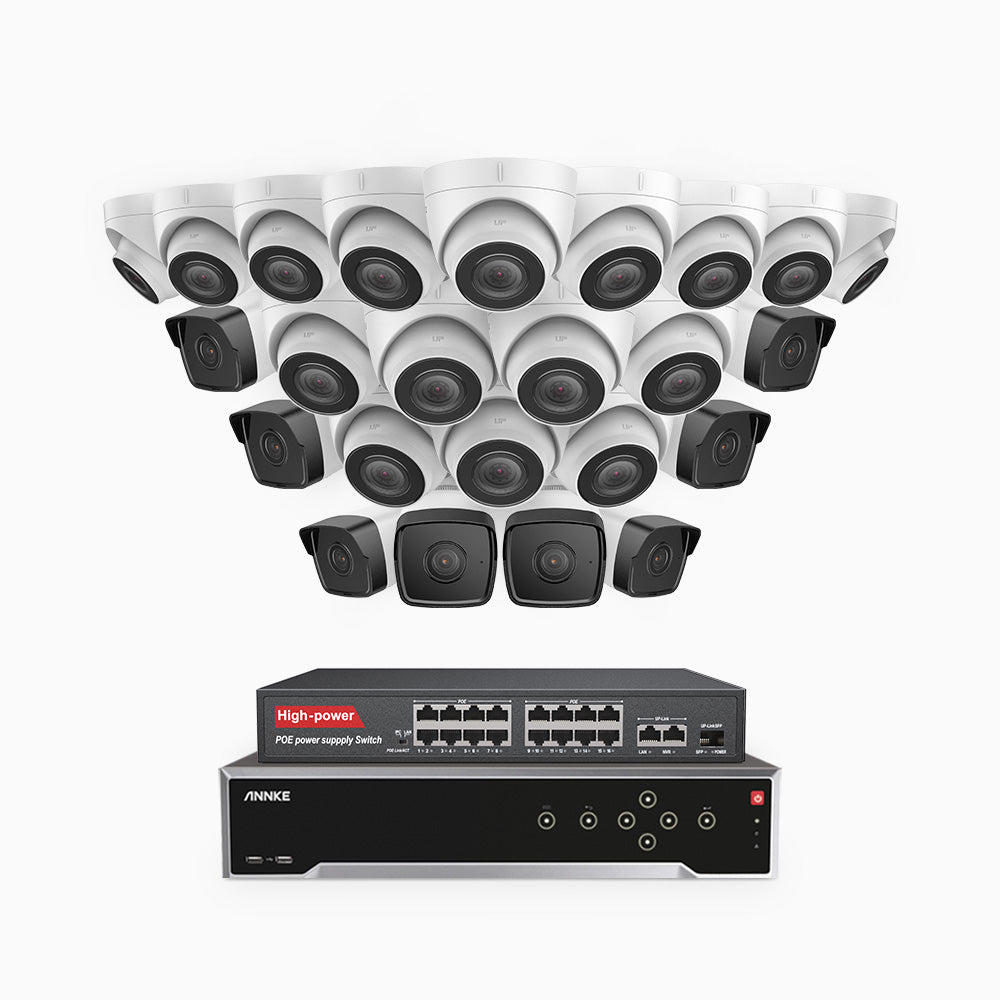 H500 - 3K 32 Kanal PoE Überwachungskamera-Set mit 8 Bullet Kameras & 16 Turm Kameras, Eingebautes Mikrofon & SD-Kartensteckplatz, funktioniert mit Alexa, Inklusive 16-Port-PoE-Switch, EXIR Nachtsicht 2.0, IP67