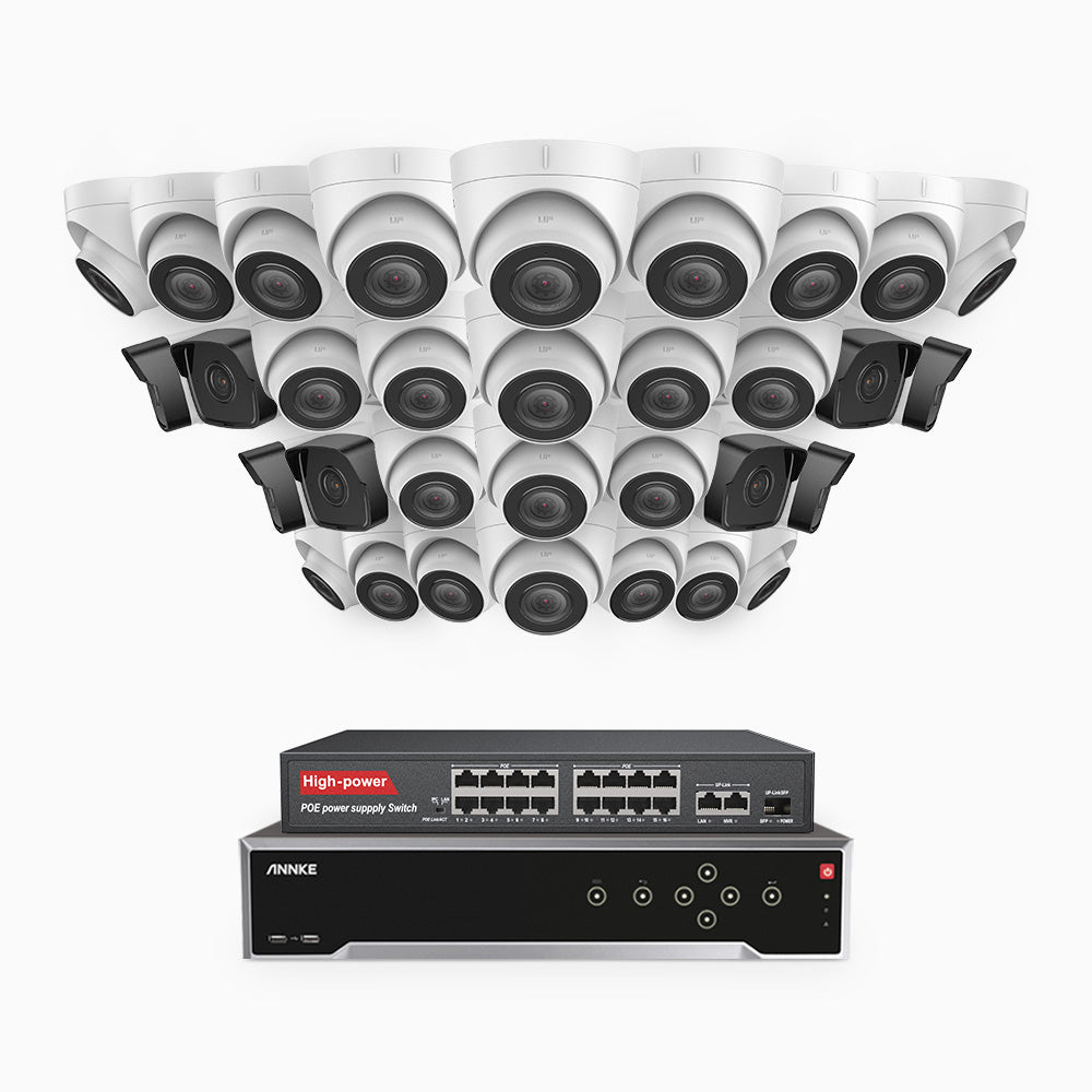 H500 - 3K 32 Kanal PoE Überwachungskamera-Set mit 8 Bullet Kameras & 24 Turm Kameras, Eingebautes Mikrofon & SD-Kartensteckplatz, funktioniert mit Alexa, Inklusive 16-Port-PoE-Switch, EXIR Nachtsicht 2.0, IP67