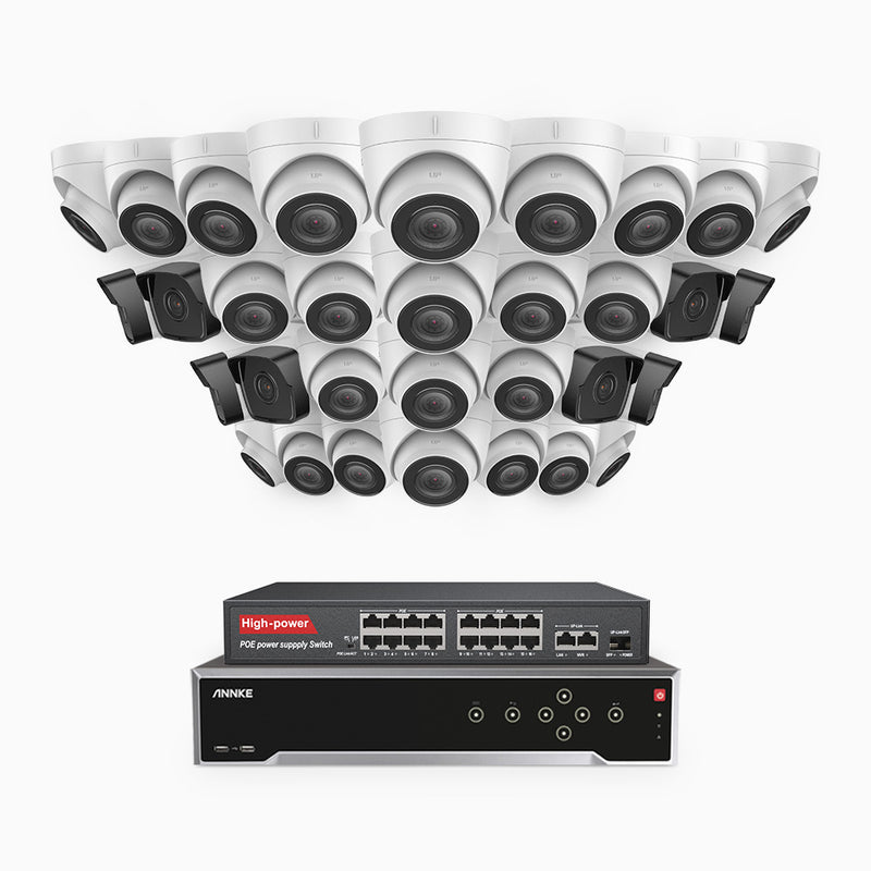 H500 - 5MP 32 Kanal PoE Überwachungskamera-Set mit 8 Bullet Kameras & 24 Turm Kameras, Eingebautes Mikrofon & SD-Kartensteckplatz, funktioniert mit Alexa, Inklusive 16-Port-PoE-Switch, EXIR Nachtsicht 2.0, IP67