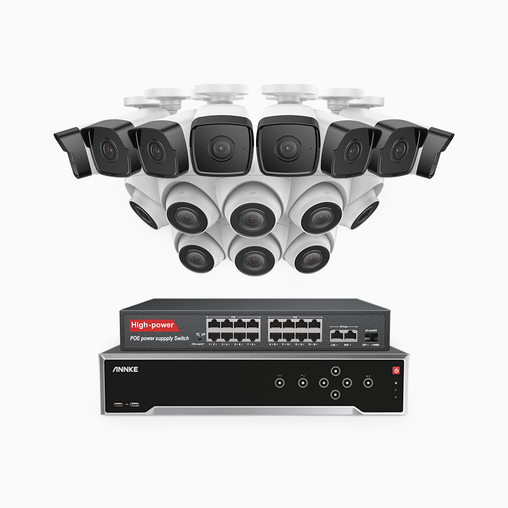 H500 - 3K 32 Kanal PoE Überwachungskamera-Set mit 8 Bullet Kameras & 8 Turm Kameras, Eingebautes Mikrofon & SD-Kartensteckplatz, funktioniert mit Alexa, Inklusive 16-Port-PoE-Switch, EXIR Nachtsicht 2.0, IP67