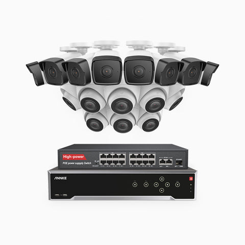 H500 - 5MP 32 Kanal PoE Überwachungskamera-Set mit 8 Bullet Kameras & 8 Turm Kameras, Eingebautes Mikrofon & SD-Kartensteckplatz, funktioniert mit Alexa, Inklusive 16-Port-PoE-Switch, EXIR Nachtsicht 2.0, IP67