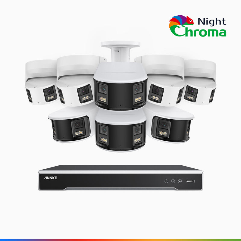 NightChroma<sup>TM</sup> NDK800 - 4K 16 Kanal PoE Panorama Überwachungskamera-Set mit 4 Bullet Kameras & 4 Turm Kameras, Doppelobjektiv, Farbnachtsicht, mit f/1.0 Super Aperture (0,0005 Lux), aktiver Sirene und Blitz, Personen-und Fahrzeugerkennung