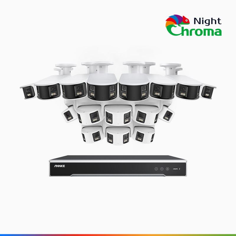 NightChroma<sup>TM</sup> NDK800 - 4K 16 Kanal PoE Panorama Überwachungskamera-Set mit 8 Bullet Kameras & 8 Turm Kameras, Doppelobjektiv, Farbnachtsicht, mit f/1.0 Super Aperture (0,0005 Lux), aktiver Sirene und Blitz, Personen-und Fahrzeugerkennung