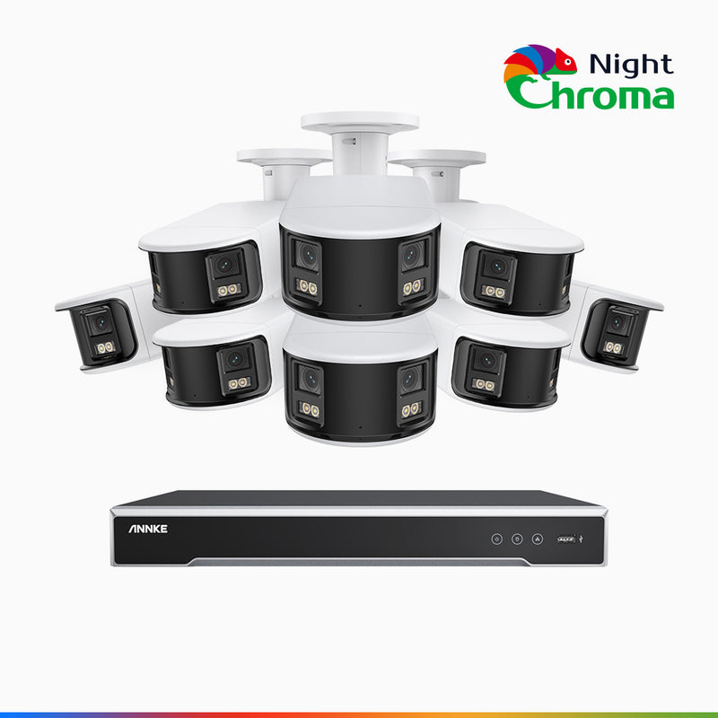 NightChroma<sup>TM</sup> NDK800 - 4K 16 Kanal PoE Panorama Überwachungskamera-Set mit 8 Kameras, Doppelobjektiv, Farbnachtsicht, mit f/1.0 Super Aperture (0,0005 Lux), aktiver Sirene und Blitz, Personen-und Fahrzeugerkennung