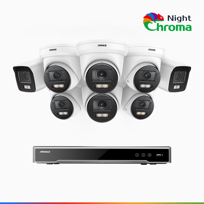 NightChroma<sup>TM</sup> NCK800 - 4K 16 Kanal PoE Überwachungskamera-Set mit 2 Bullet Kameras & 6 Turm Kameras, Farbnachtsicht, f/1.0 Superblende, 0.001 lx, Aktive Ausrichtung, Mit Mikrofon & SD-Kartensteckplatz