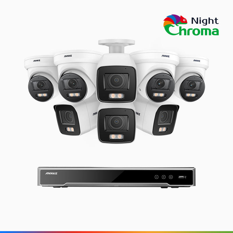 NightChroma<sup>TM</sup> NCK800 - 4K 16 Kanal PoE Überwachungskamera-Set mit 4 Bullet Kameras & 4 Turm Kameras, Farbnachtsicht, f/1.0 Superblende, 0.001 lx, Aktive Ausrichtung, Mit Mikrofon & SD-Kartensteckplatz