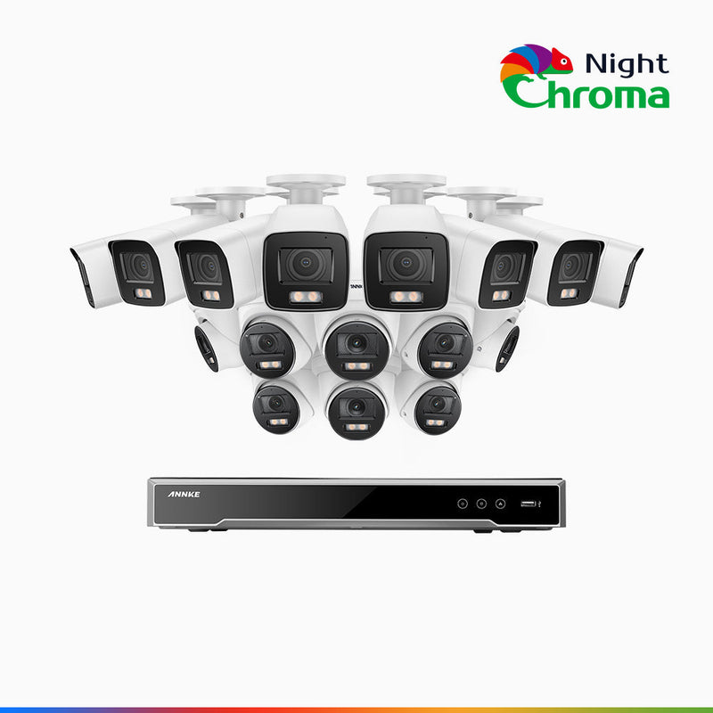 NightChroma<sup>TM</sup> NCK800 - 4K 16 Kanal PoE Überwachungskamera-Set mit 8 Bullet Kameras & 8 Turm Kameras, Farbnachtsicht, f/1.0 Superblende, 0.001 lx, Aktive Ausrichtung, Mit Mikrofon & SD-Kartensteckplatz
