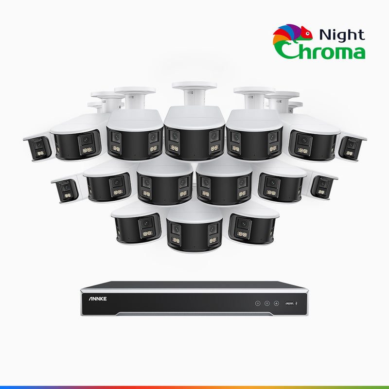 NightChroma<sup>TM</sup> NDK800 - 4K 16 Kanal PoE Panorama Überwachungskamera-Set mit 16 Kameras, Doppelobjektiv, Farbnachtsicht, mit f/1.0 Super Aperture (0,0005 Lux), aktiver Sirene und Blitz, Personen-und Fahrzeugerkennung