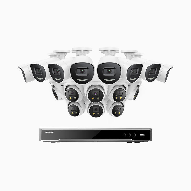 AH800 - 4K 16 Kanal PoE Überwachungskamera-Set mit 8 Bullet Kameras & 8 Turm Kameras, 1/1.8'' BSI Sensor, f/1.6 Aperture (0.003 Lux), alarmierung mit sirene und blitzlicht, 2CH 4K-Dekodierungsfunktion, personen- und fahrzeugerkennung, perimeterschutz